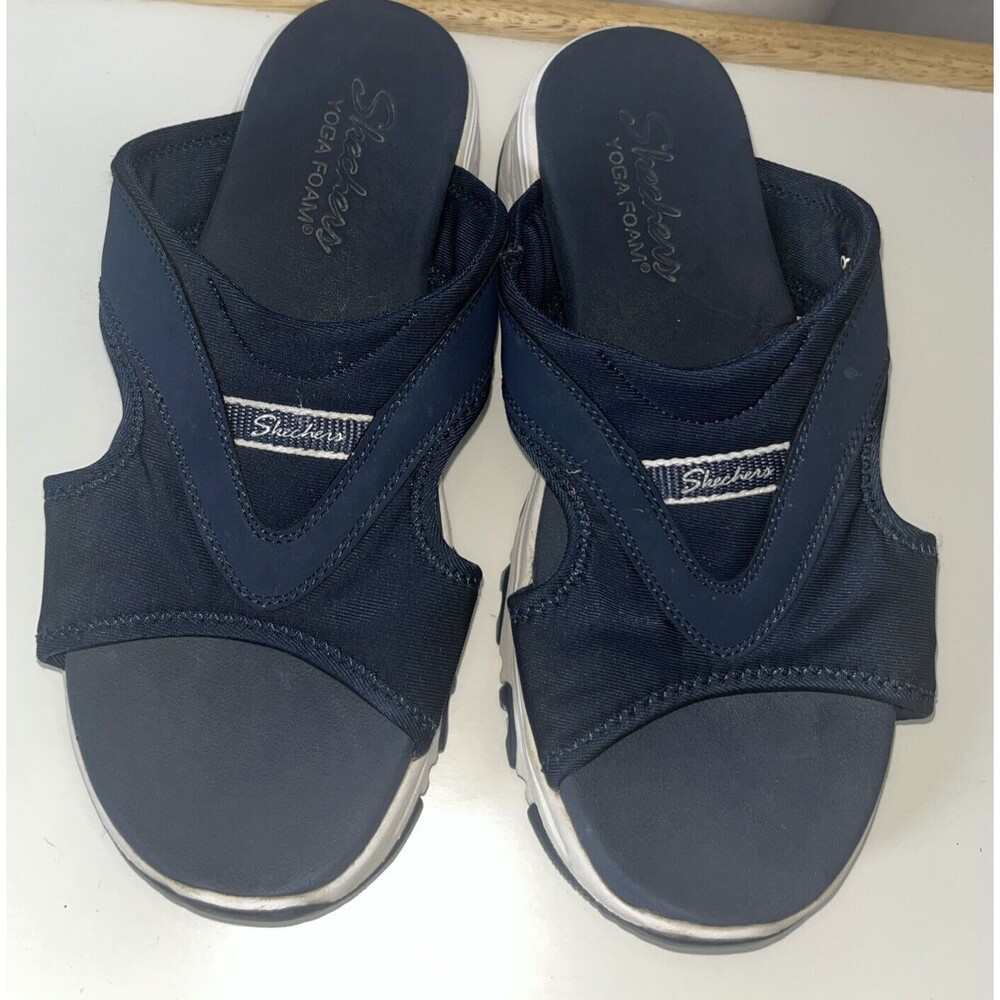 Skechers Navy Slide Sandals with White Trim